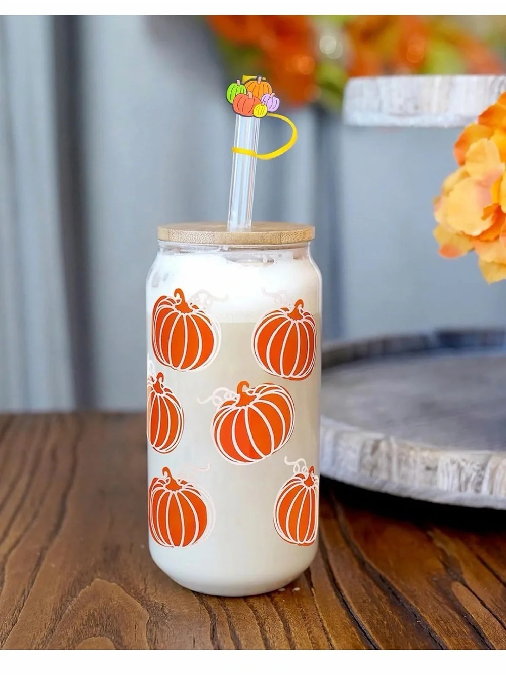 Autumn Pumpkin Glass Drinking Jar with Bamboo Lid & Straw